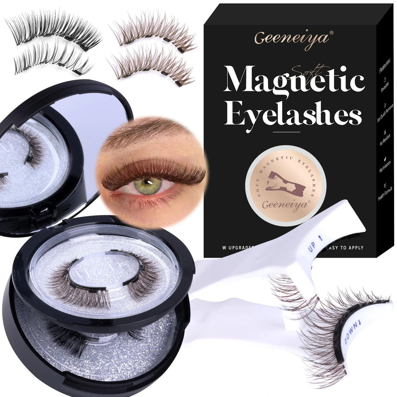 Brown & Black Magnetic Eyelashes Natural Look Magnetic Lashes with Applicator Reusable Magnetic Lashes No Glue or Liner Needed Wiapy Lashes Reusable Magnetic Eyelashes by Geeneiya (2 Pairs)