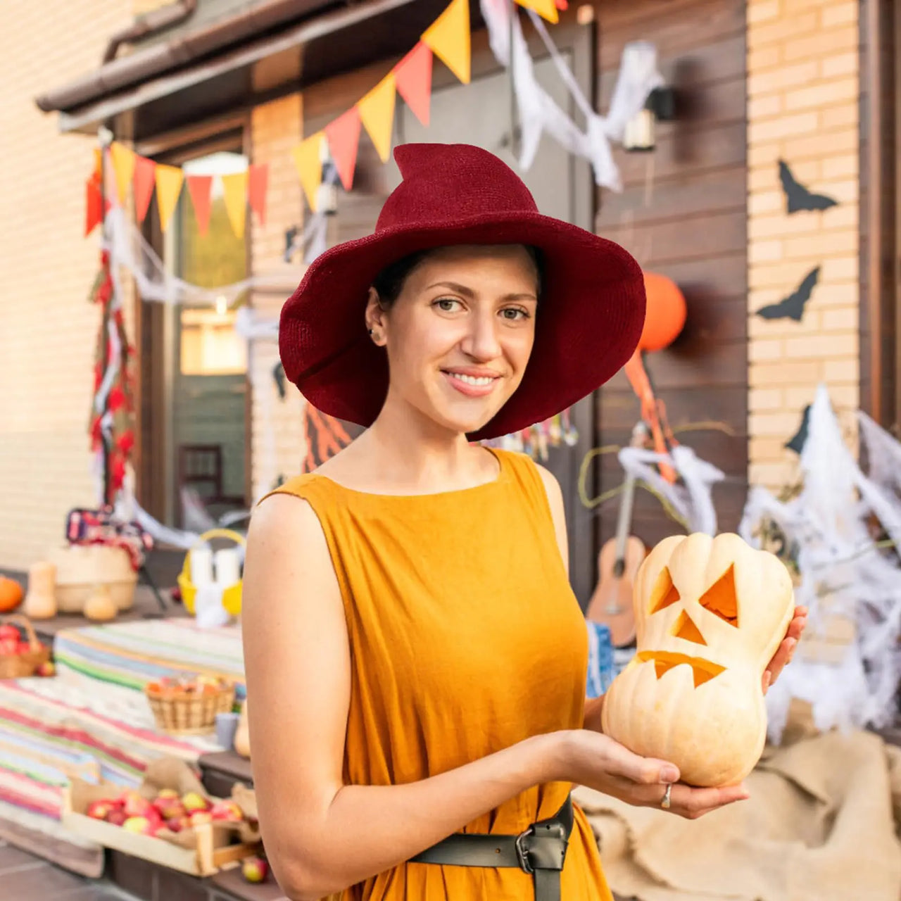 Halloween Witch Hat for Women Wide Brim Foldable Halloween Wool Hats for Party Cosplay Costume Accessory Red