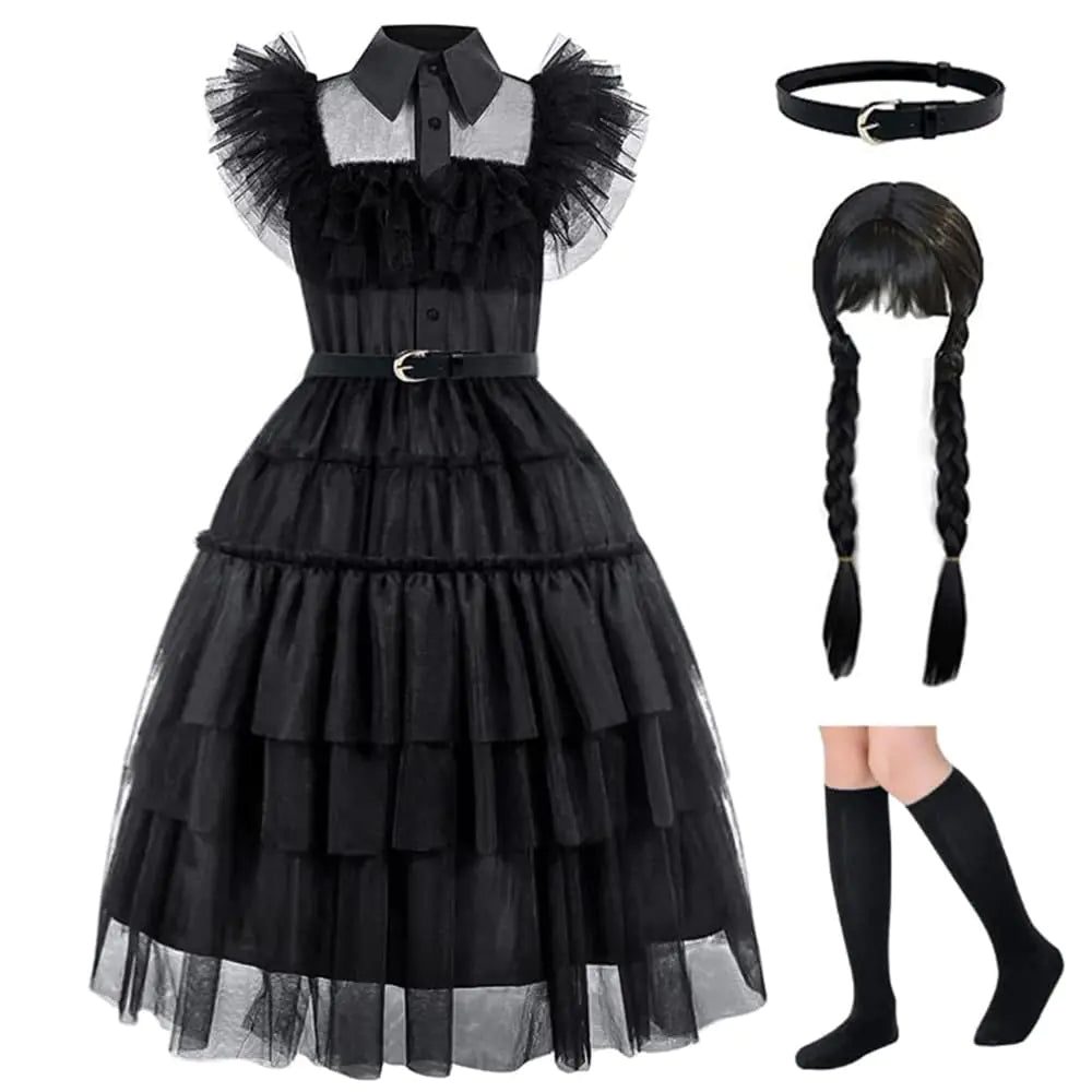 Black costume girls dress for Kids Black Family Costumes Halloween costumes girls Party Dress 4-13Y Black(dress+belt+hair+socks) 12-13 years