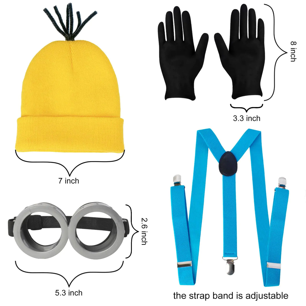 4 Pcs Halloween Costume Accessories Adults-Yellow Beanie hat/Goggles/Gloves/Suspenders for Halloween Dress Up