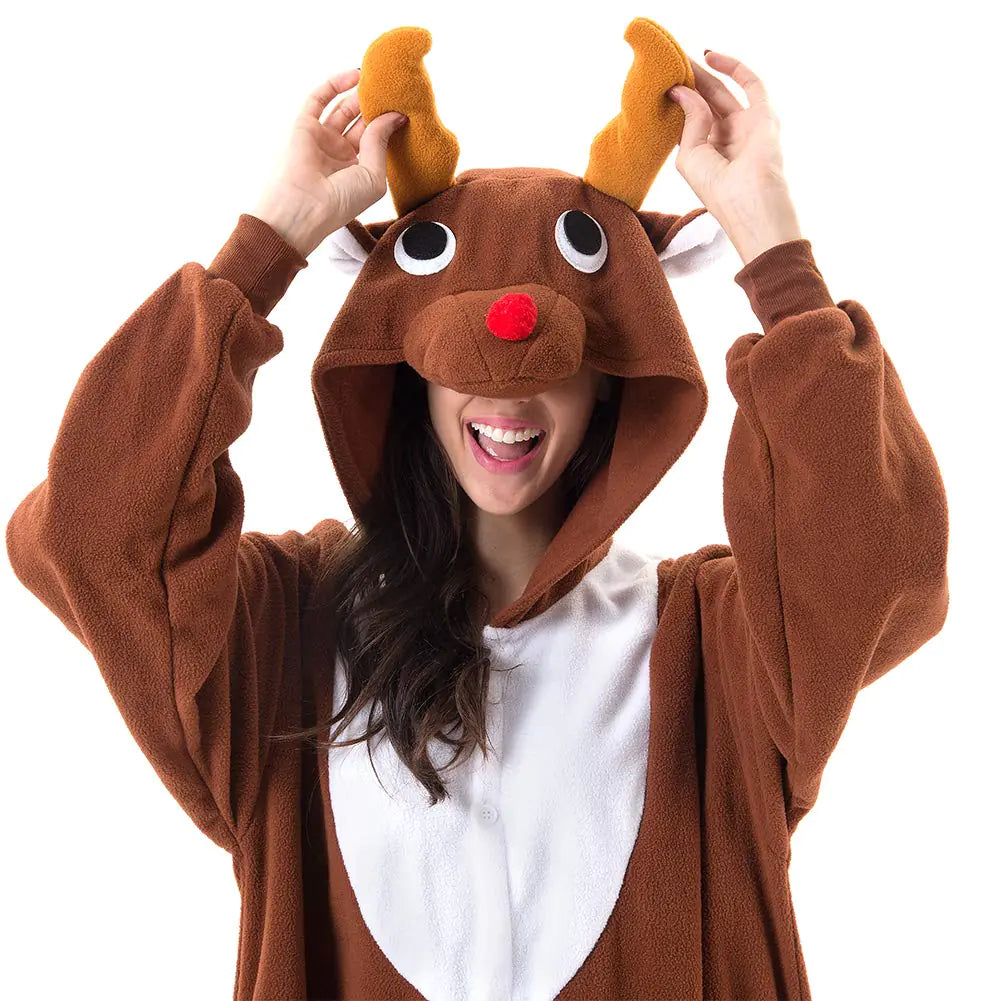 Beauty Shine Unisex Adult Onesie One Piece Pajamas Cosplay Cartoon Costume Halloween Christmas Sleepwear Jumpsuit Homewear Large Coffee Reindeer