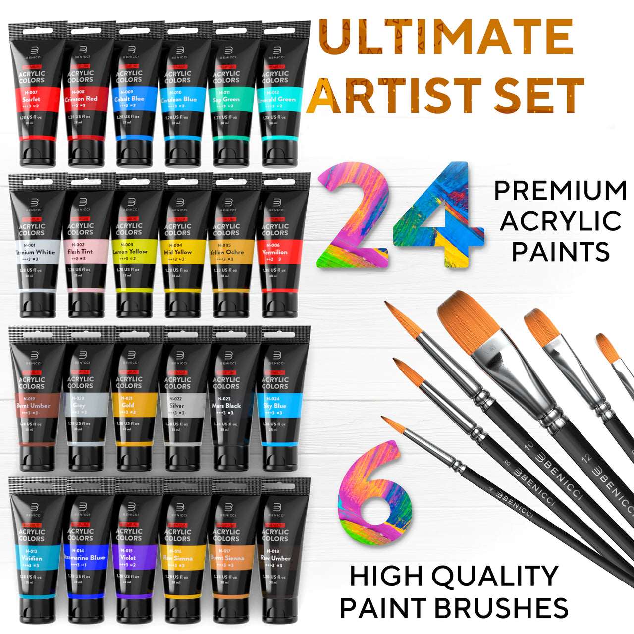 Premium Quality Acrylic Paint Set 24 Colors - 6 Nylon Brushes - Perfect Kit for Beginners, Pros & Artists