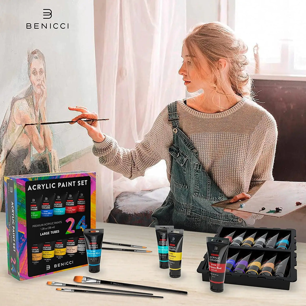 Premium Quality Acrylic Paint Set 24 Colors - 6 Nylon Brushes - Perfect Kit for Beginners, Pros & Artists