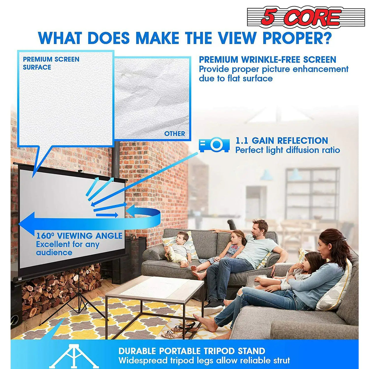 5Core Projector Screen with Tripod Stand  72" 4:3 Ultra HD Anti-Crease Indoor Outdoor Projection