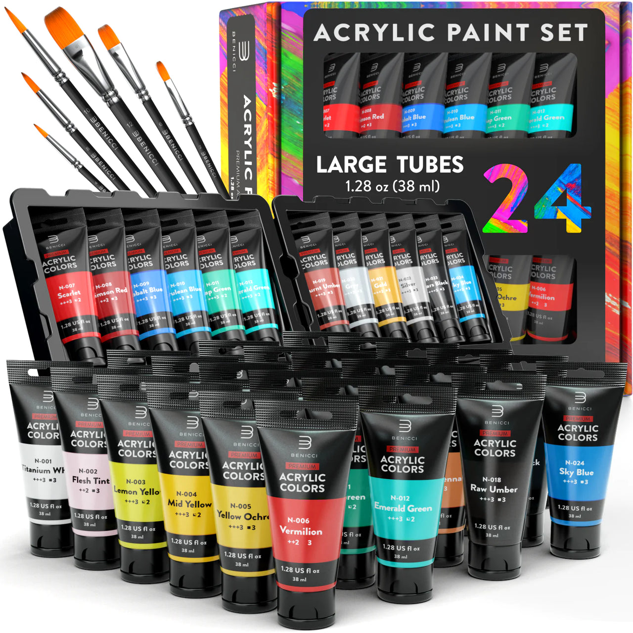 Premium Quality Acrylic Paint Set 24 Colors - 6 Nylon Brushes - Perfect Kit for Beginners, Pros & Artists