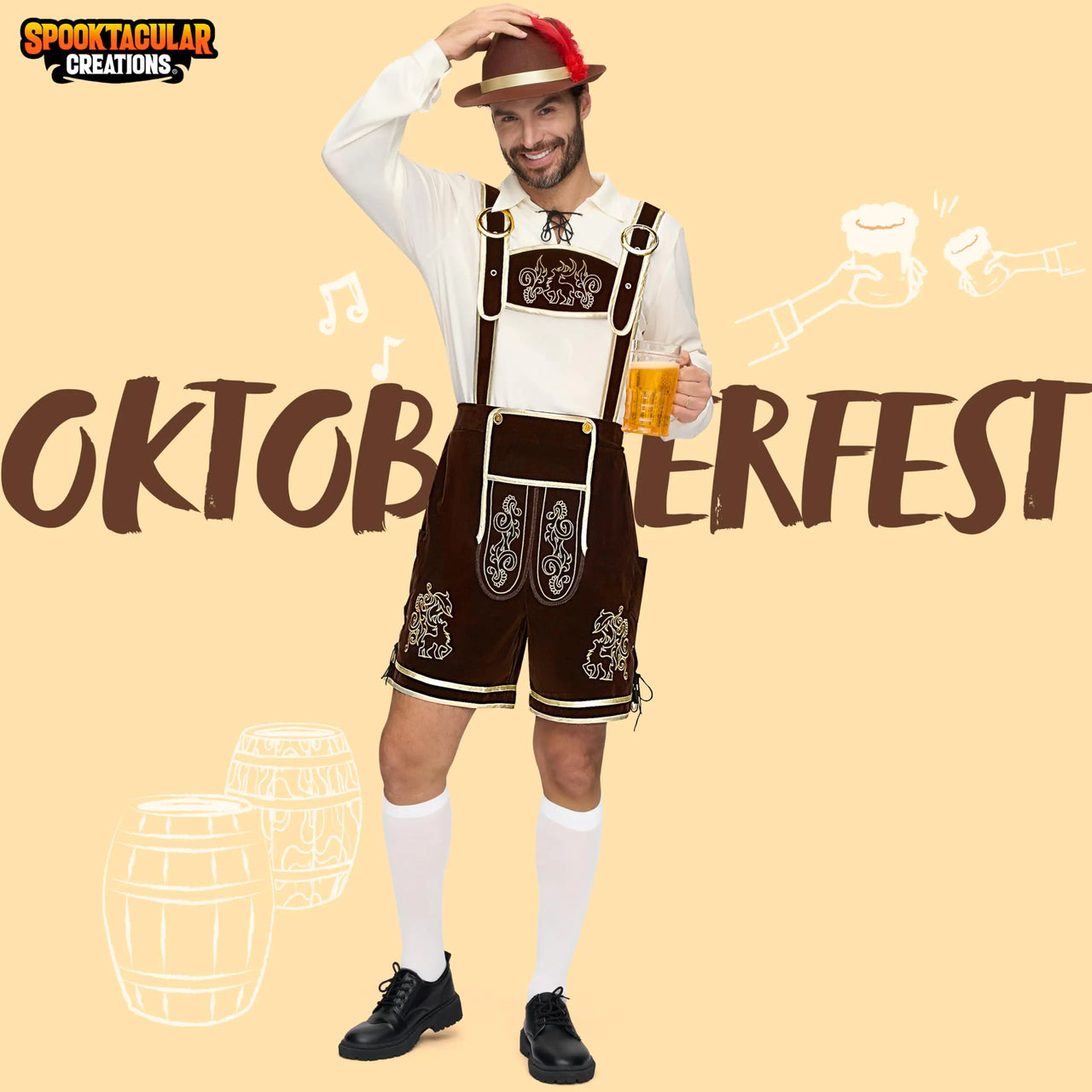 Spooktacular Creations Men’s German Bavarian Oktoberfest Costume Set, Beer Costume Hat for Adults Halloween and Beer Festival Dark Brown X-Large