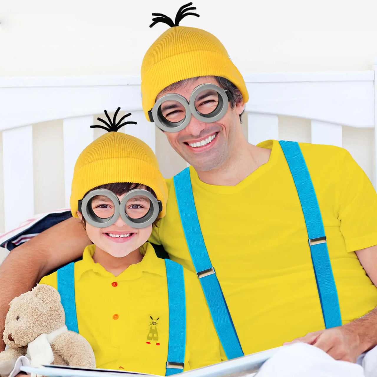 4 Pcs Halloween Costume Accessories Adults-Yellow Beanie hat/Goggles/Gloves/Suspenders for Halloween Dress Up