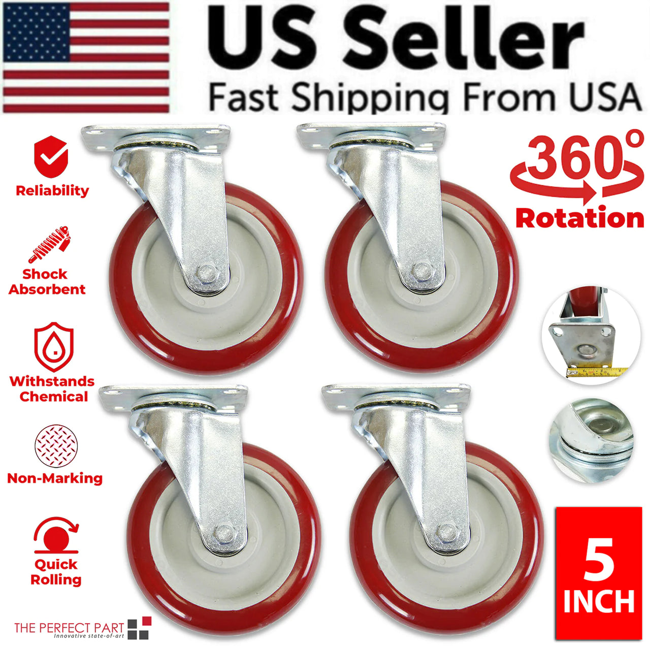 Caster Wheels Swivel Plate Polyurethane Wheels Heavy Duty Wheels 4 packs- 5 inch