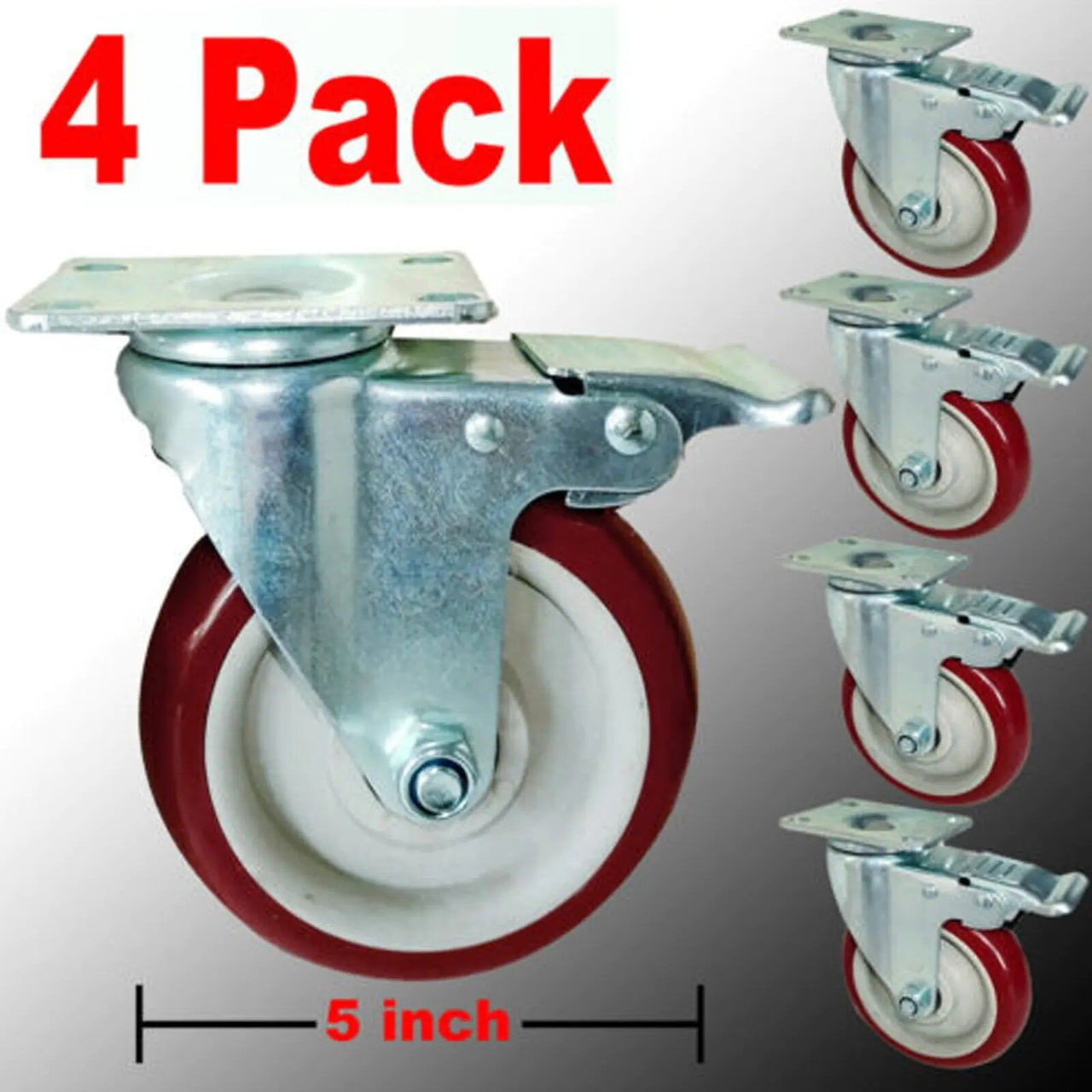 Caster Wheels Swivel Plate Polyurethane Wheels Heavy Duty Wheels 4 packs- 5 inch