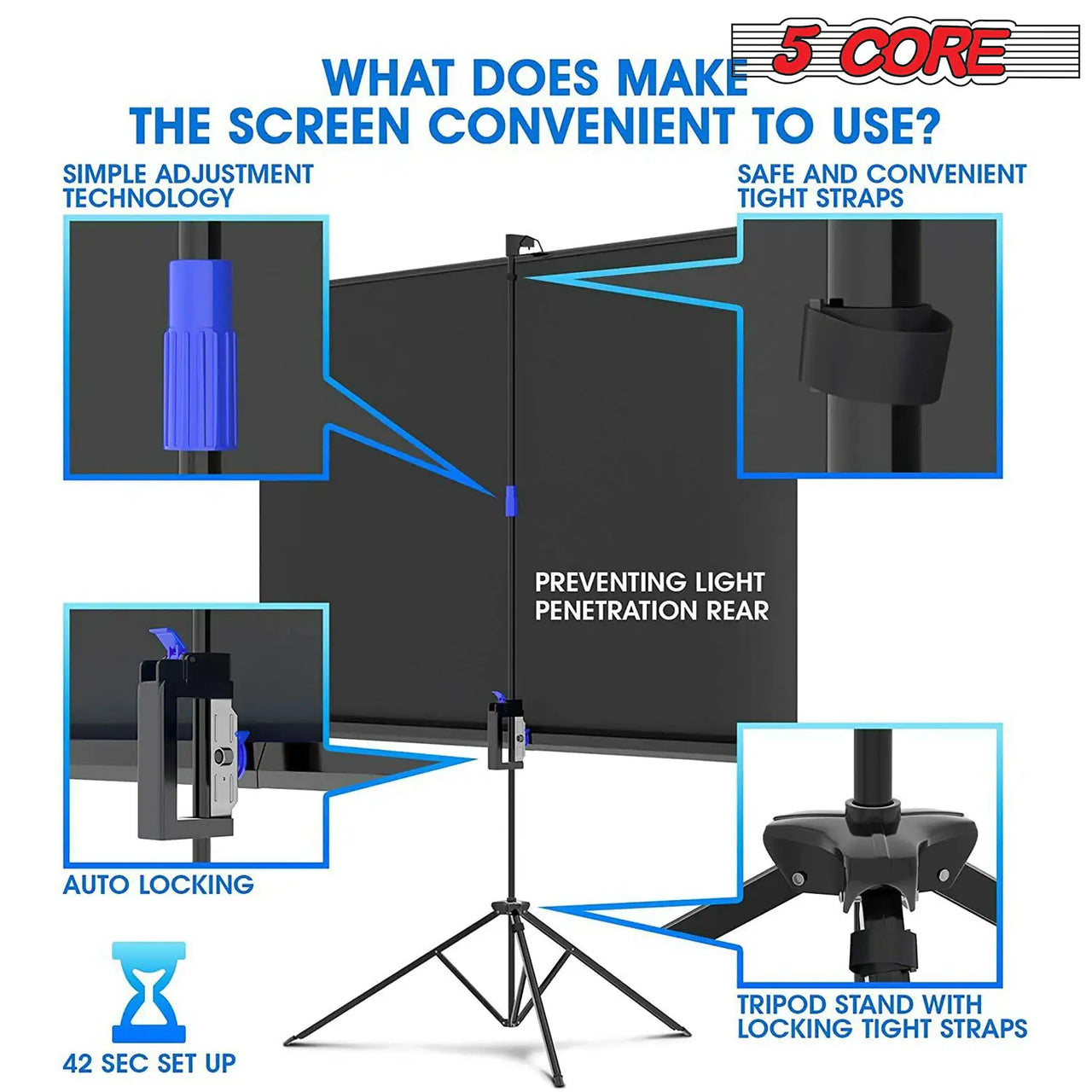 5Core Projector Screen with Tripod Stand  72" 4:3 Ultra HD Anti-Crease Indoor Outdoor Projection