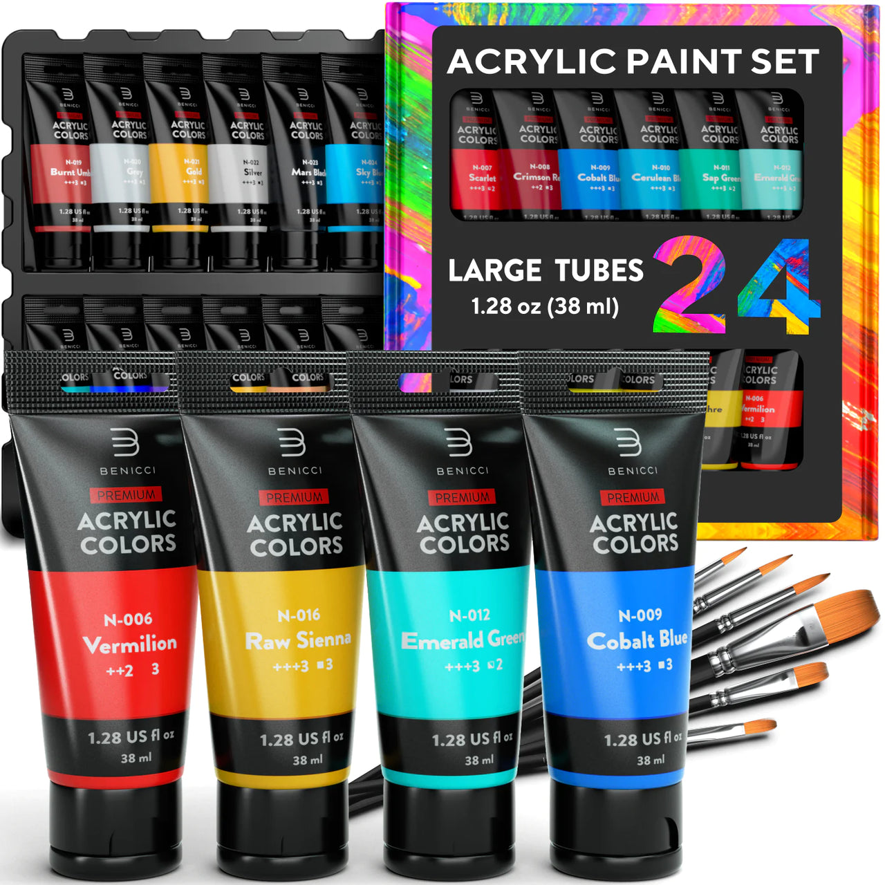 Premium Quality Acrylic Paint Set 24 Colors - 6 Nylon Brushes - Perfect Kit for Beginners, Pros & Artists