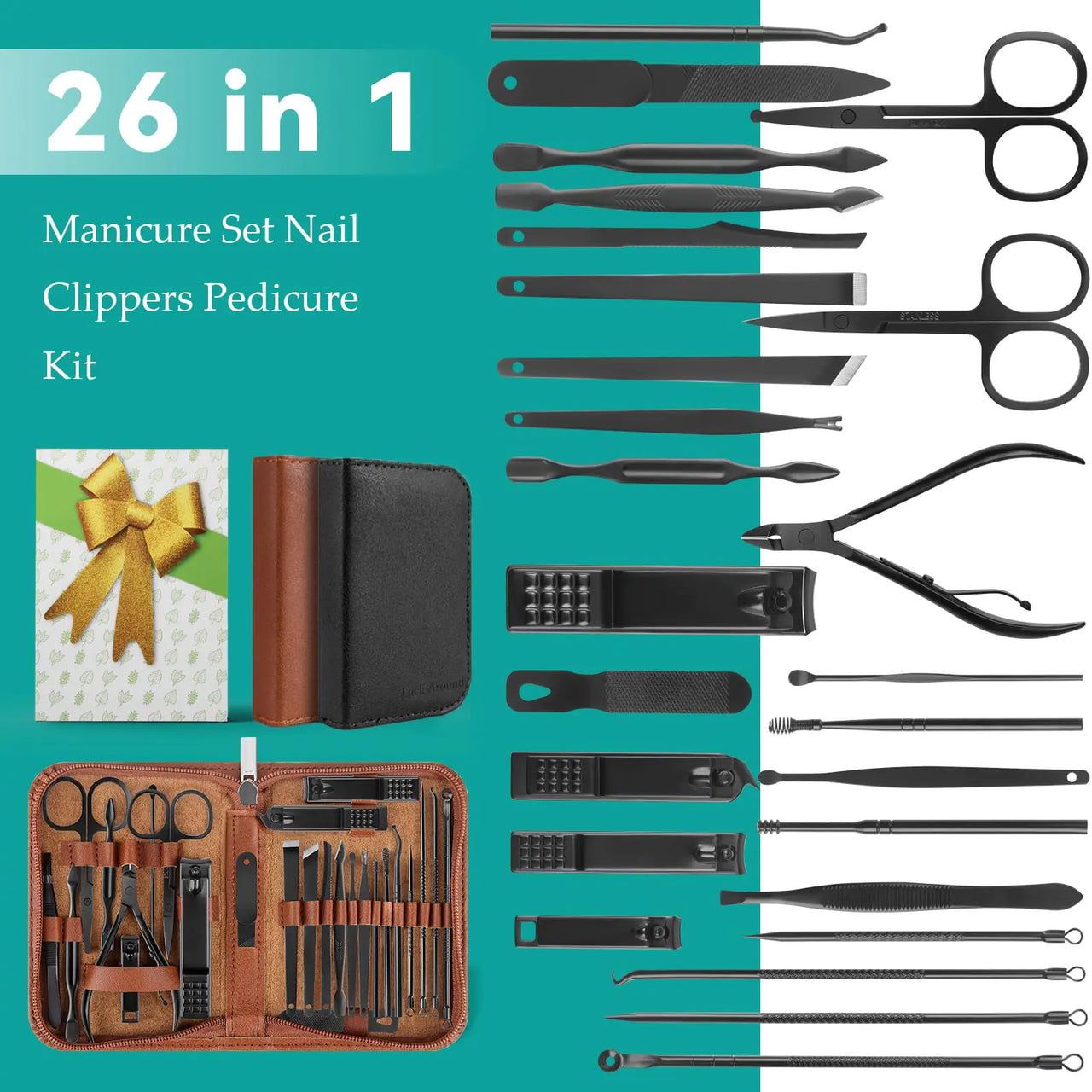 Manicure Set, Professional Nail Clippers Pedicure Kit 26 Pieces Nail Care Tools for Travel & Grooming (Black) Black